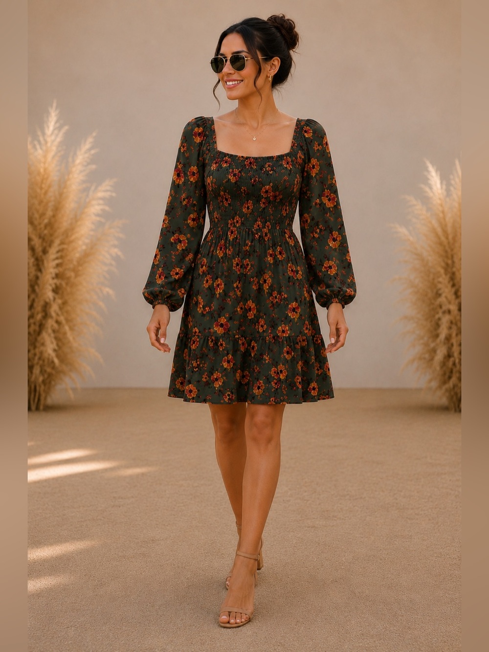 Time and Tru Green Floral Square Neck Midi Dress With Pockets Size XXL